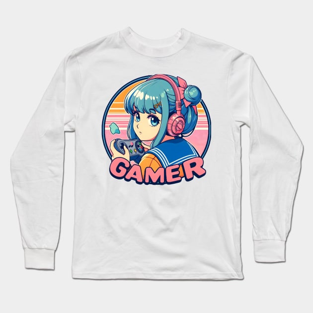 Cute Anime gamer girl Long Sleeve T-Shirt by Japanese Fever